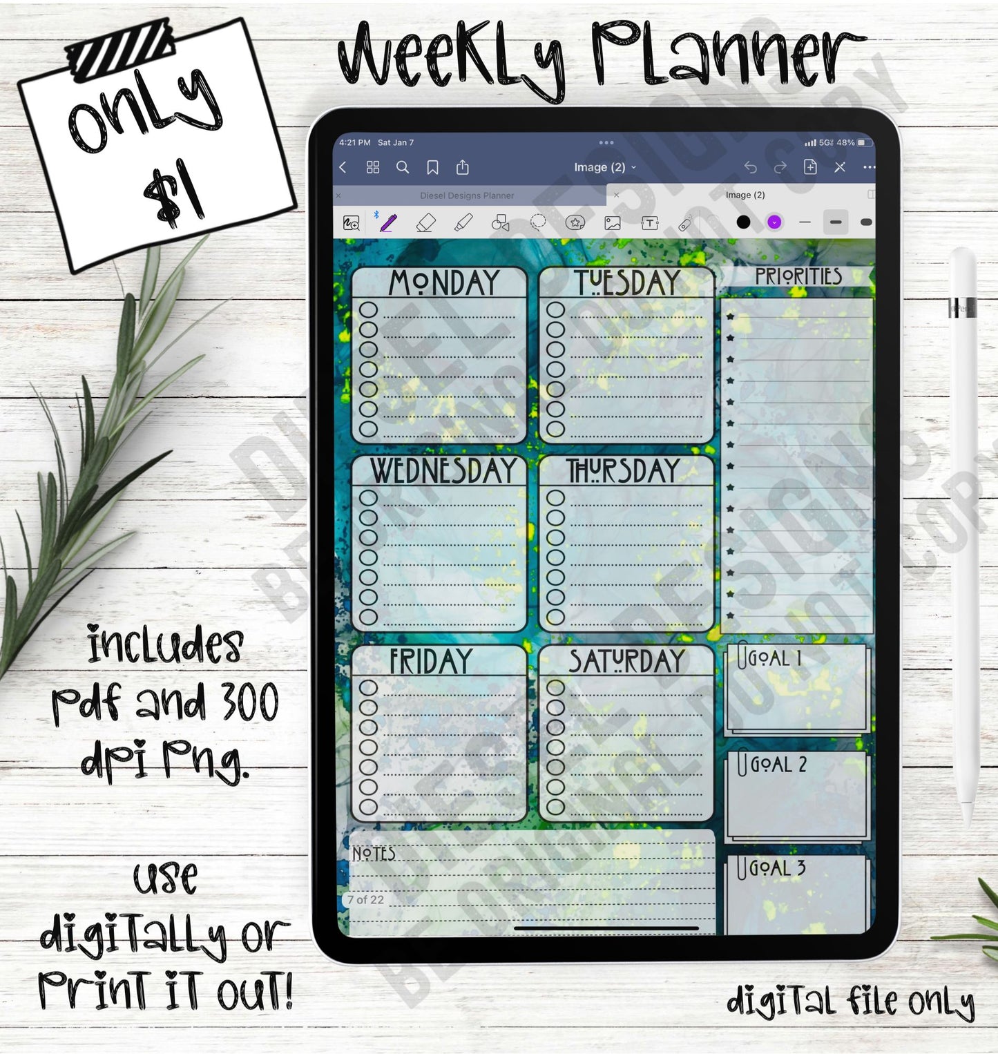 Blue & Green Marble | 6-Day Digital Planner | 300 DPI | PNG & PDF included