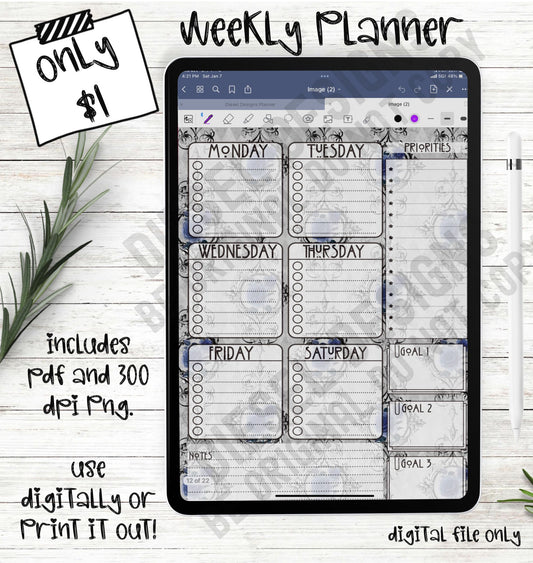 Blue Roses | 6-Day Digital Planner | 300 DPI | PNG & PDF included