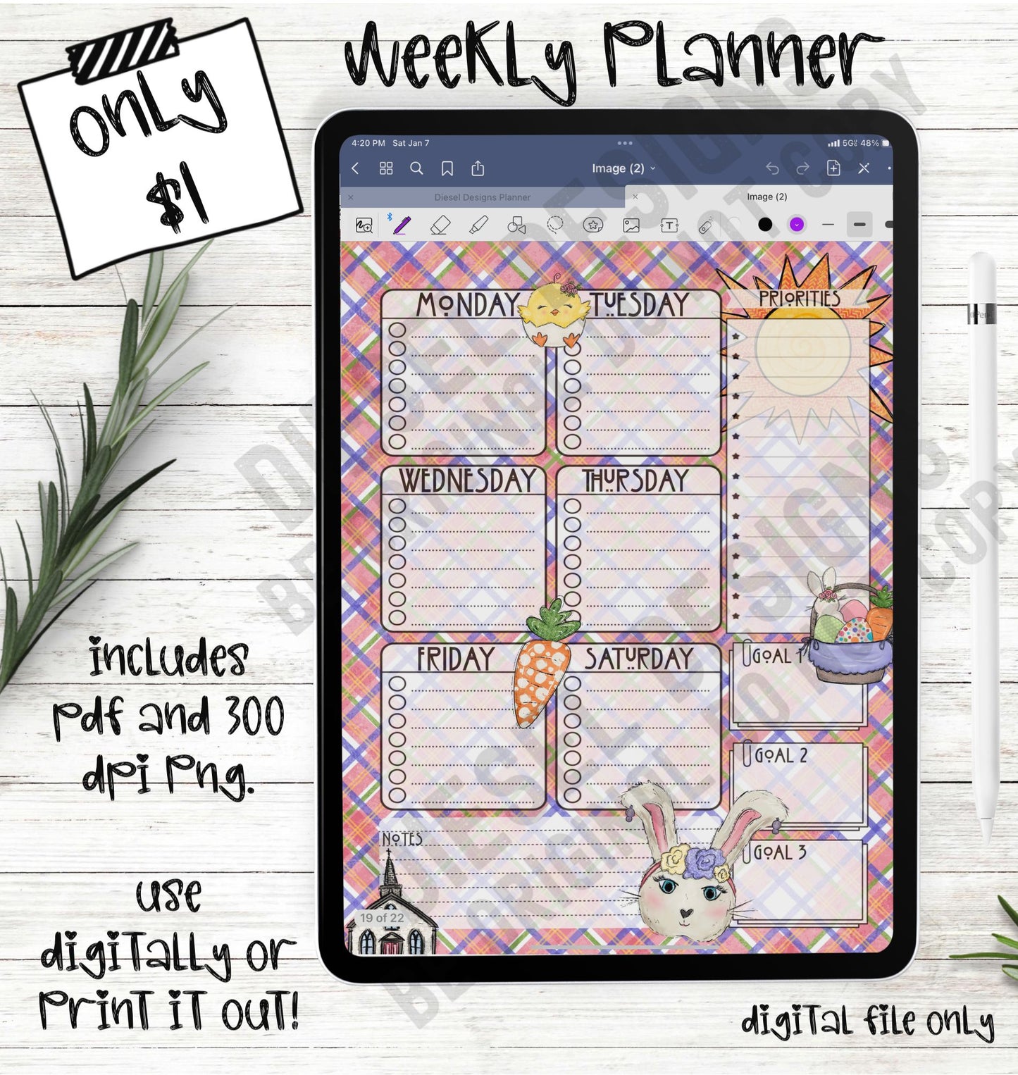 Easter Plaid | 6-Day Digital Planner | 300 DPI | PNG & PDF included