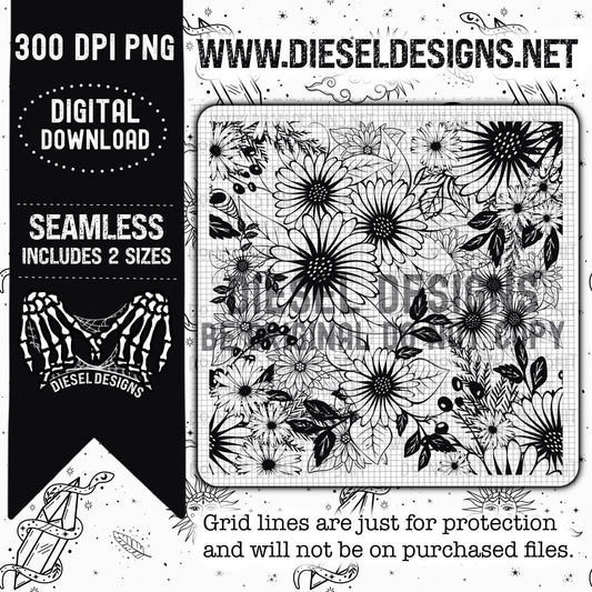 BW Floral Seamless | 300 DPI | Seamless 12"x12" | 2 sizes Included