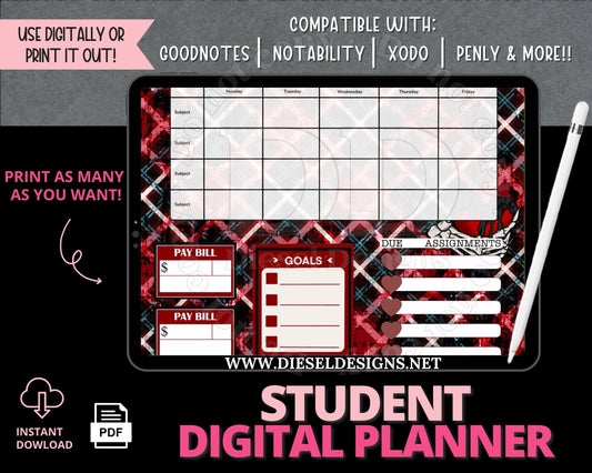 Black & Red | Student Digital Planner | 300 DPI | PNG & PDF included