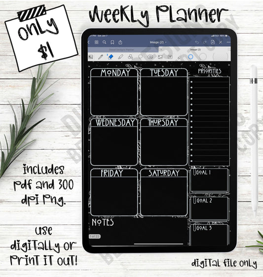 Black & White | 6-Day Digital Planner | 300 DPI | PNG & PDF included
