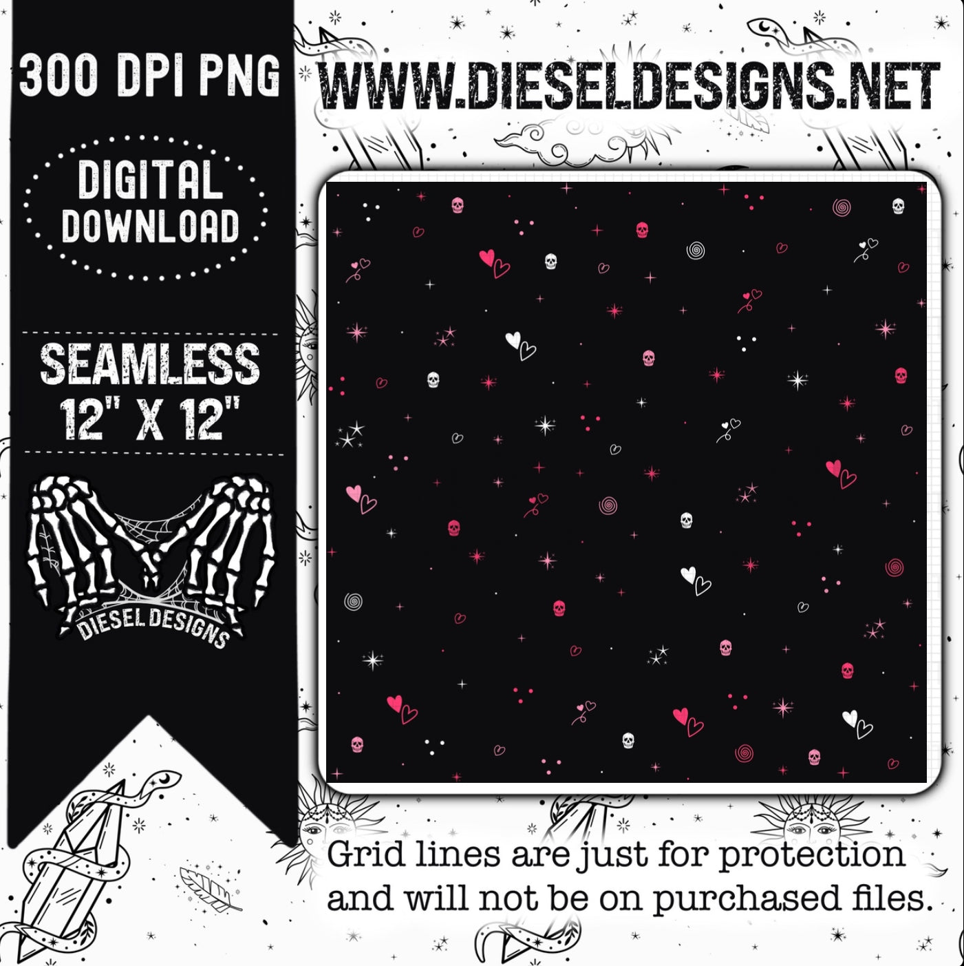 Skull Galaxy Black Background Seamless   | 300 DPI | 12" x 12" | Seamless File
